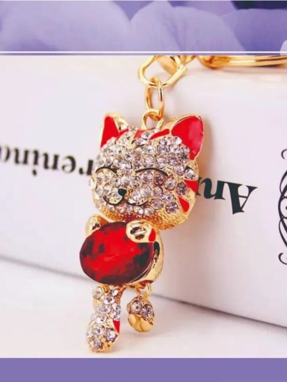 Cat Bag Charm Zinc Alloy, Rhinestone with Red Enamel Brlky